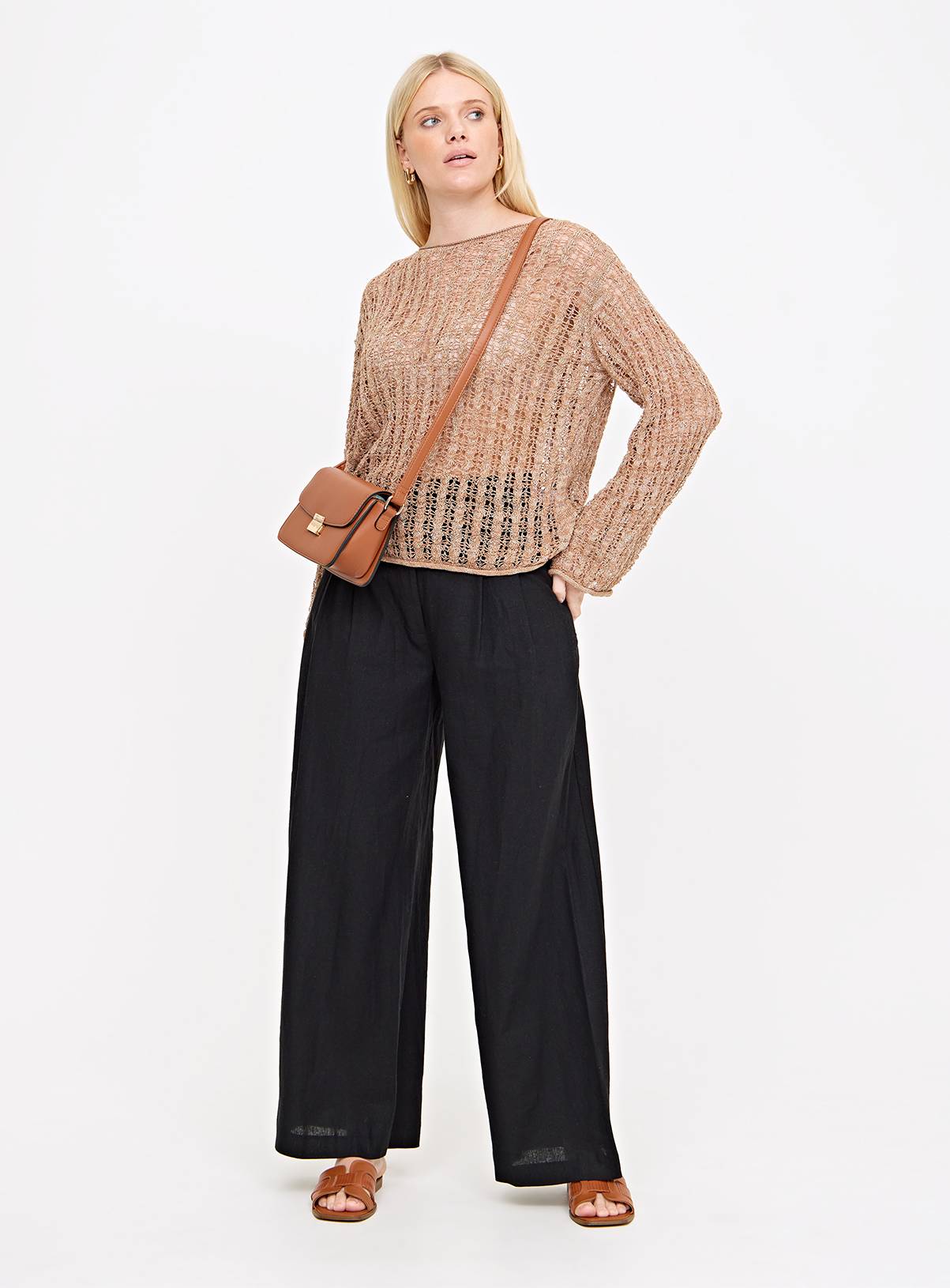 Tan Pointelle Metallic Open Knit Jumper 8 - Image 2