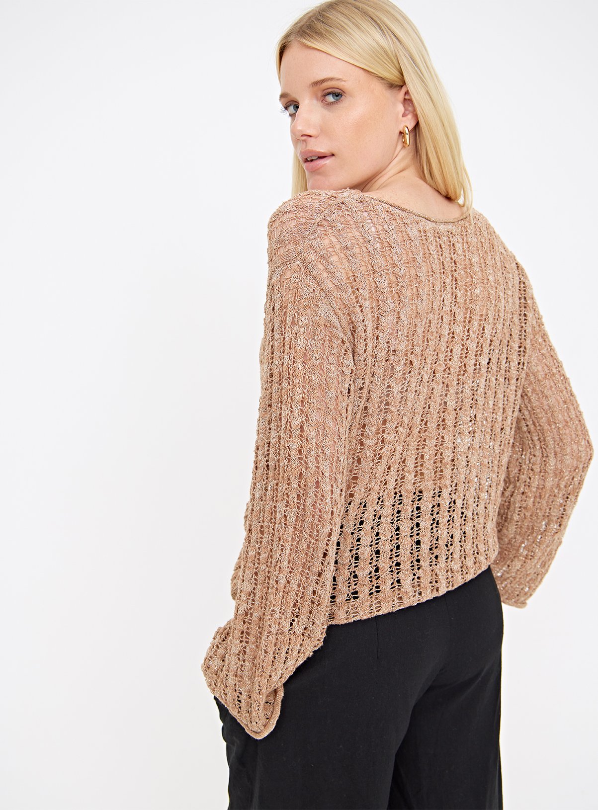Tan Pointelle Metallic Open Knit Jumper 8 - Image 4 thumbnail