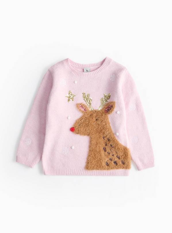 Pink Fluffy Christmas Reindeer Jumper 2-3 years