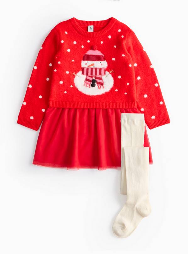 Red Christmas Snowman Twofer Dress & Tights Set 4-5 years