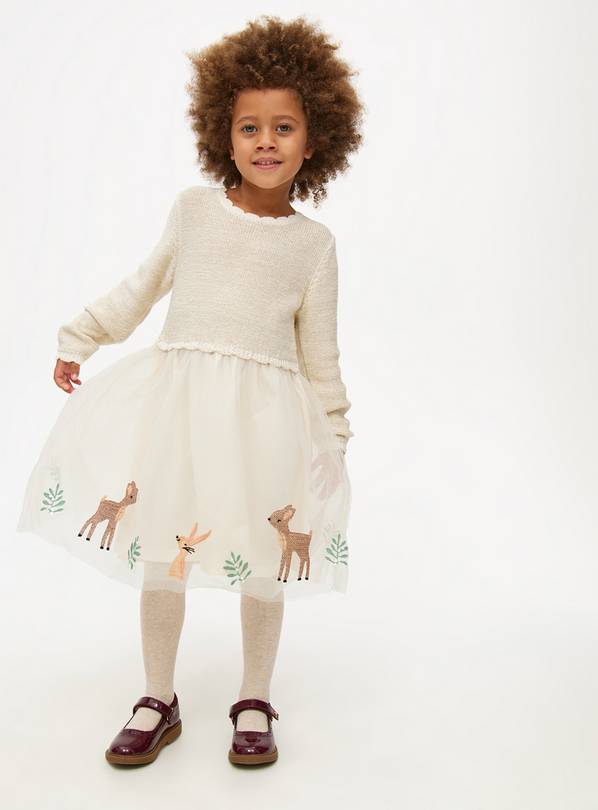 Cream Knitted Deer Print Twofer Dress & Tights Set 5-6 years