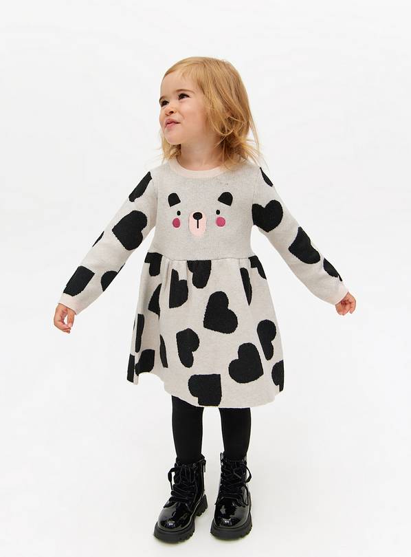 Cream Bear Print Knitted Dress & Tights Set  1-2 years