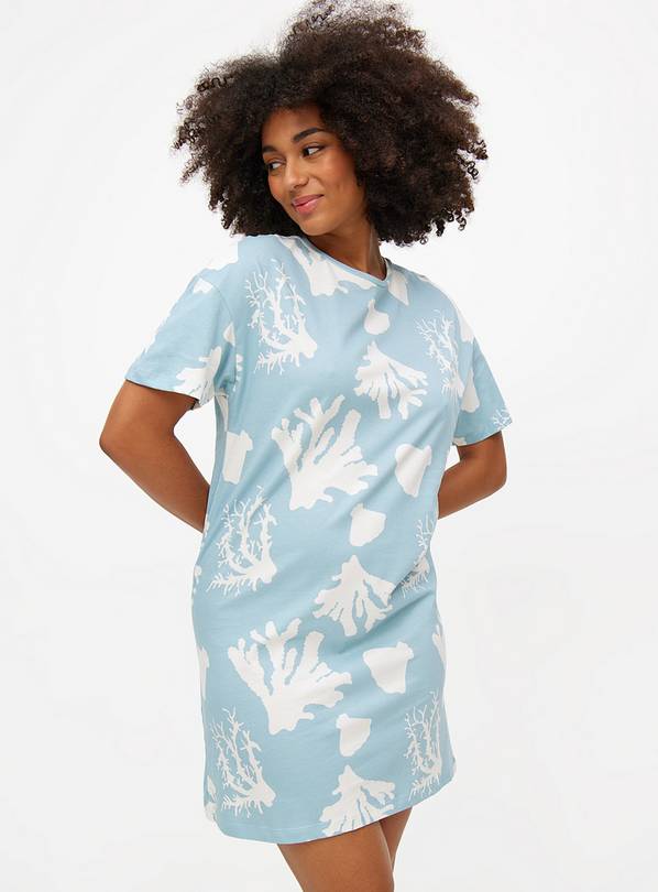 Light Blue Sea Coral Print Short Sleeve Nightdress XL