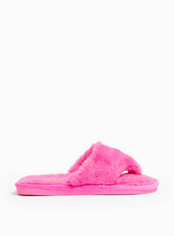 Pink Faux Fur Toe Post Mule Slippers L