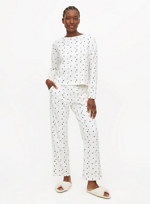 Cream Star Print Ribbed Long Sleeve Pyjamas L