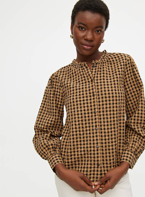 Brown Long Sleeve Gingham Top 10