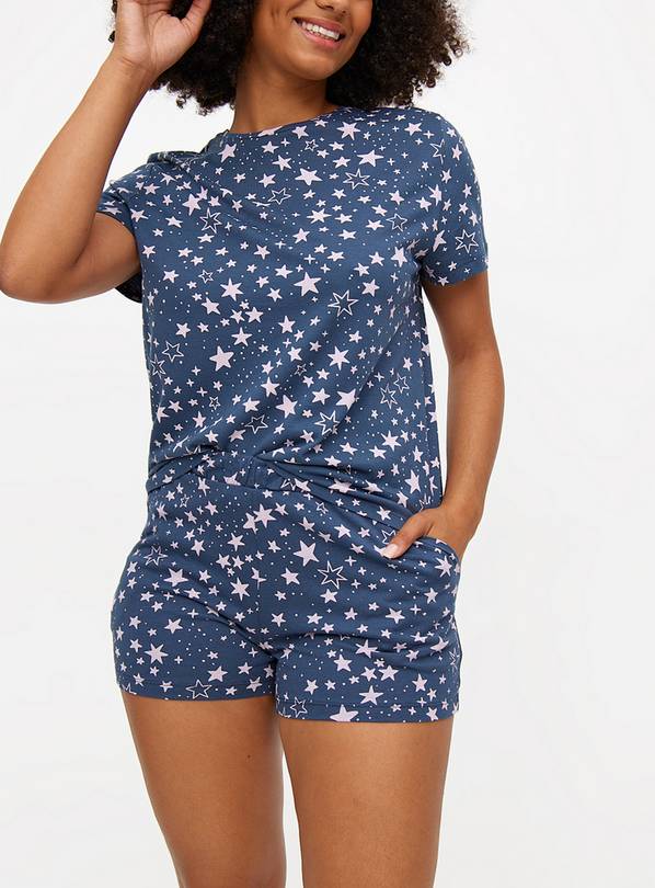 Navy Blue Star Print Coord Pyjama Shorts L