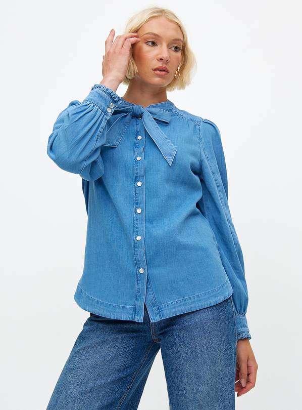 Denim Tie-Neck Long Sleeve Blouse 10