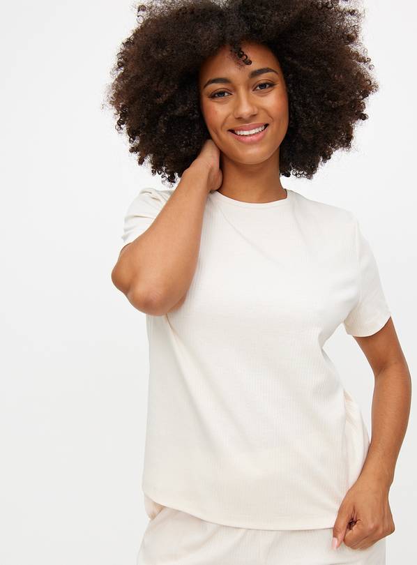 White Ribbed Short Sleeve Pyjama Top M