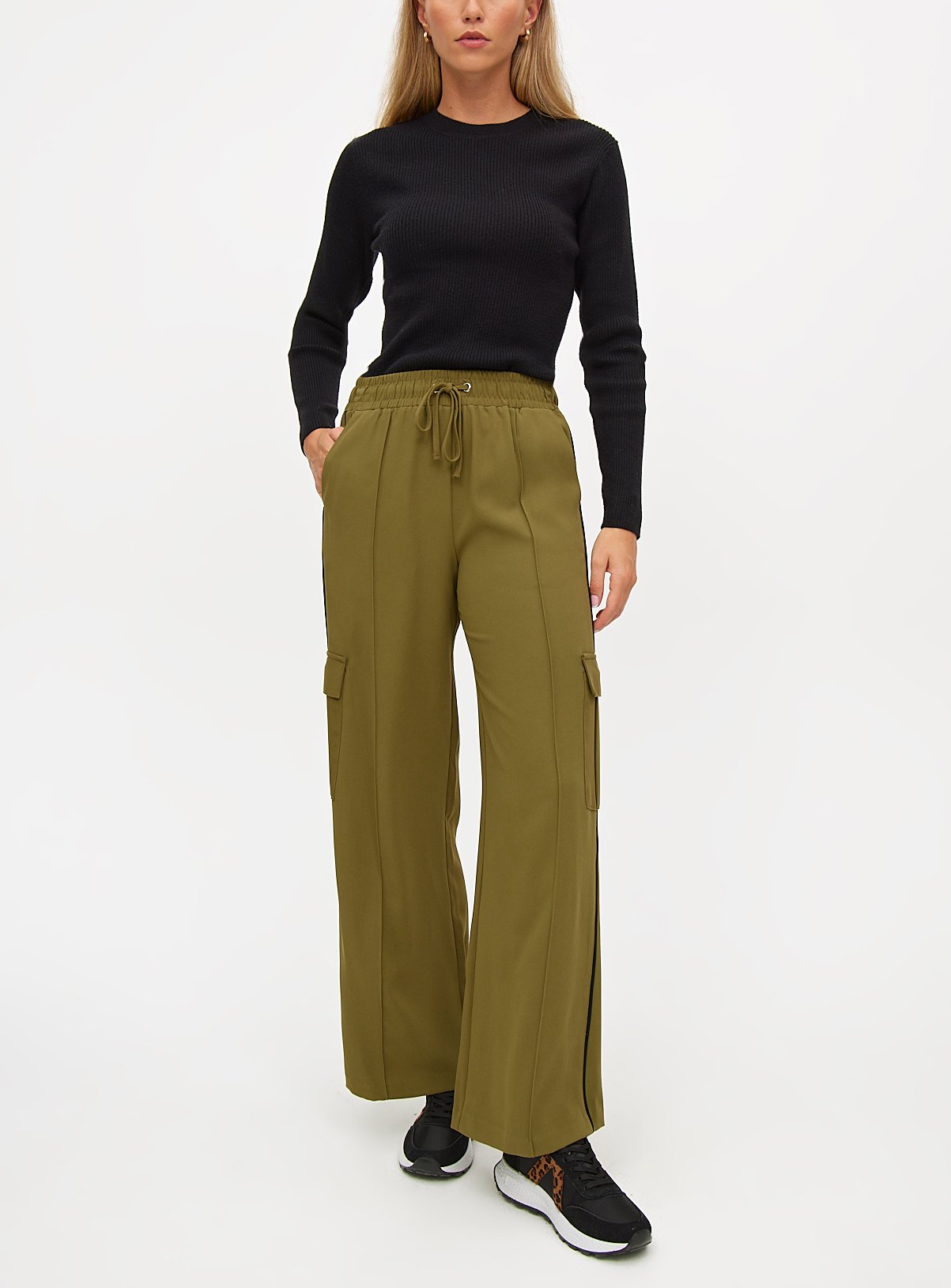 Khaki Side Stripe Wide Leg Cargo Trousers 20S