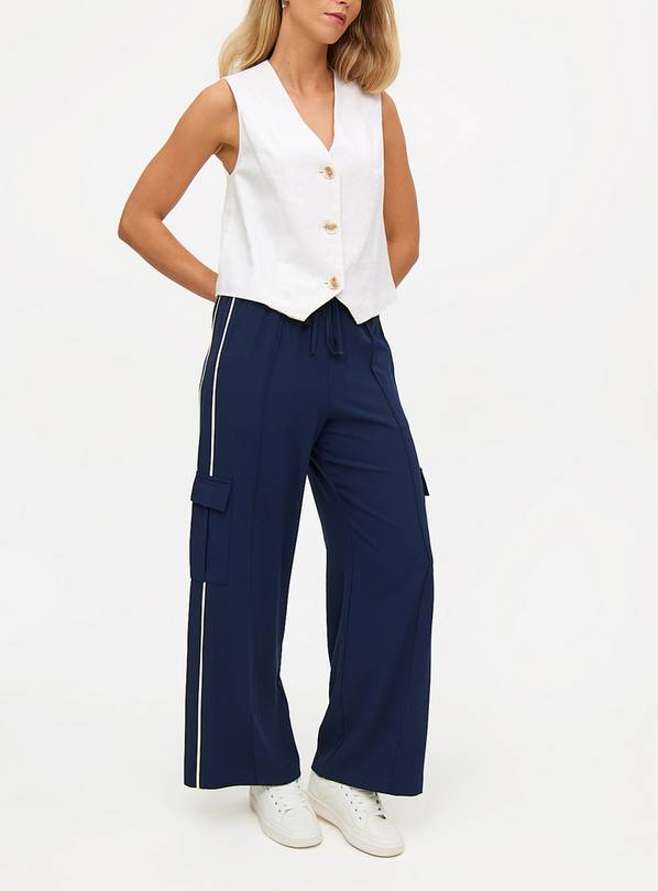 Navy Side Stripe Wide Leg  Cargo Trousers 22S