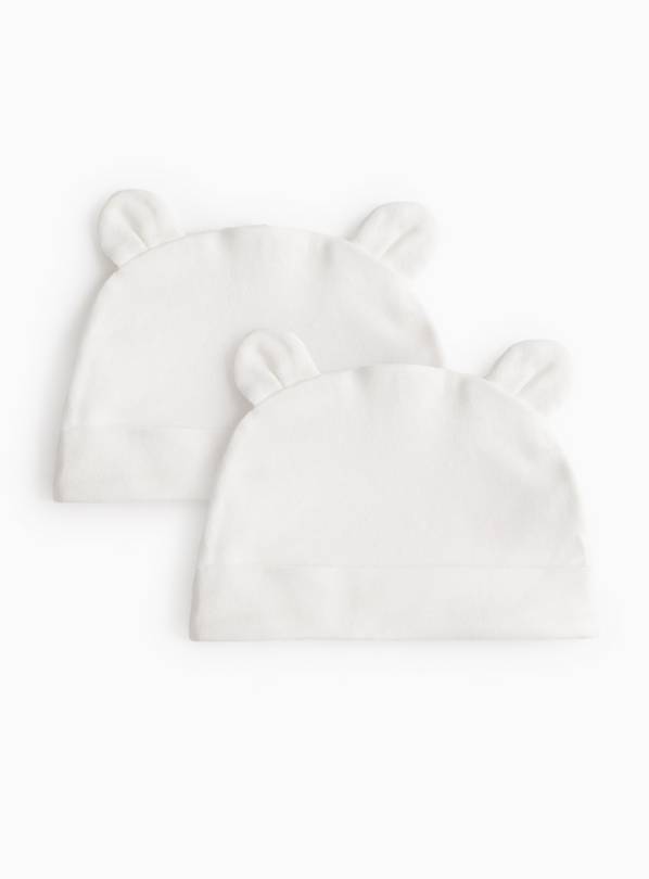 Bear Ear Detail Cotton White Hats 2 Pack  3-6 months