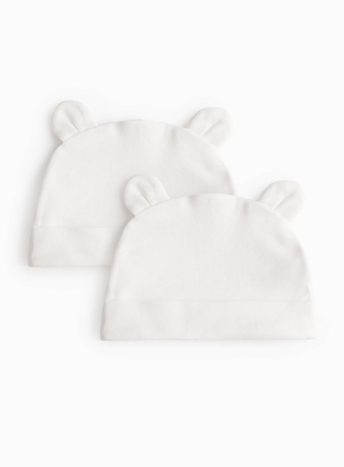 Bear Ear Detail Cotton White Hats 2 Pack Newborn - Image 1