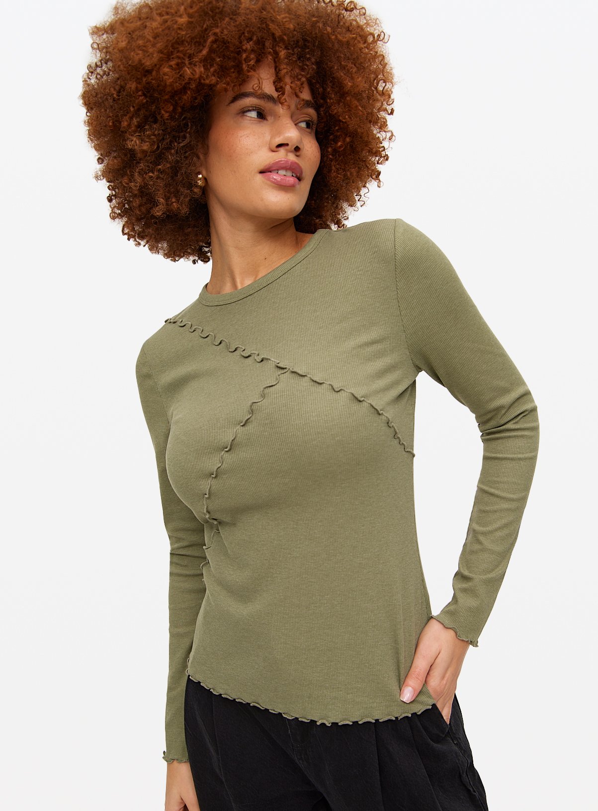 Khaki Ribbed Exposed Seam Long Sleeve Top 8