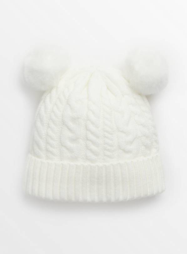 Cream Knitted Double Pom Pom Hat 3-6 months