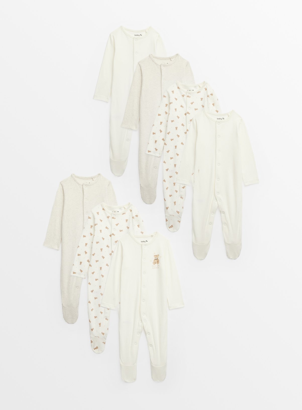 Cream Bear Print Long Sleeve Sleepsuits 7 Pack Up to 1 mth - Image 1 thumbnail