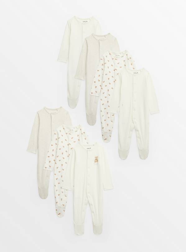 Cream Bear Print Long Sleeve Sleepsuits 7 Pack Up to 3 mths