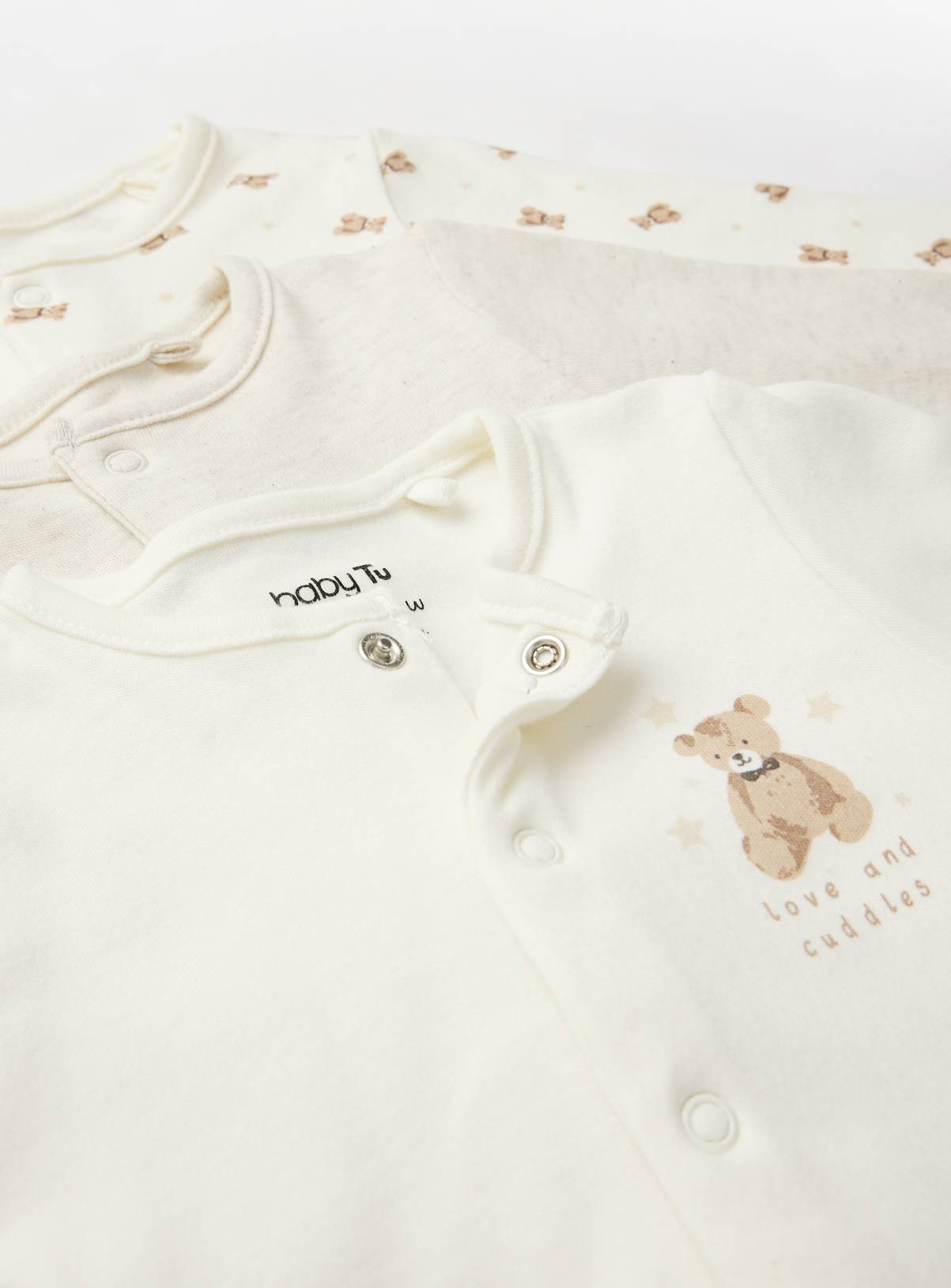 Cream Bear Print Long Sleeve Sleepsuits 7 Pack Up to 1 mth - Image 2