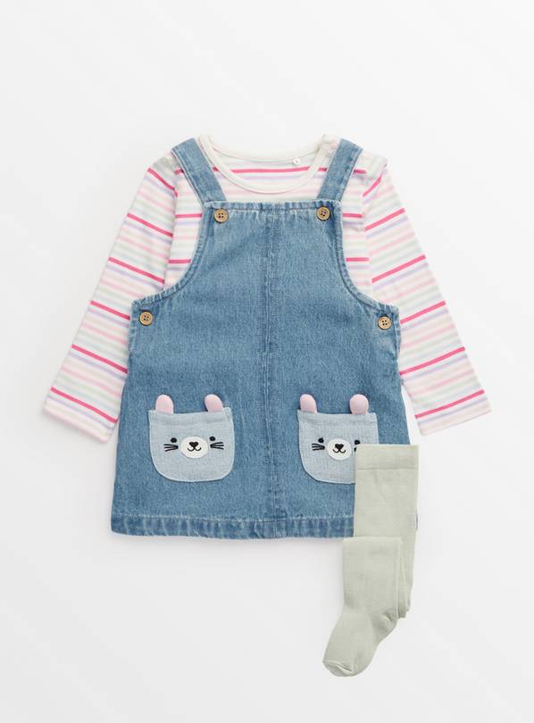 Stripe Bodysuit & Denim Pinafore Dress Set Up to 3 mths