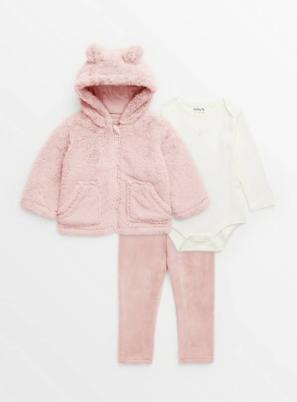 Pink Fluffy Jacket, Leggings & Bodysuit Set 3-6 months