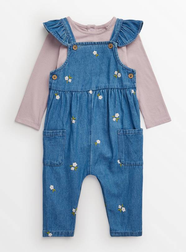 Pink Bodysuit & Embroidered Denim Dungarees 9-12 months