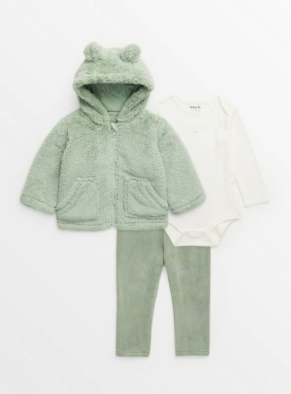 Green Fluffy Jacket, Leggings & Bodysuit Set 9-12 months