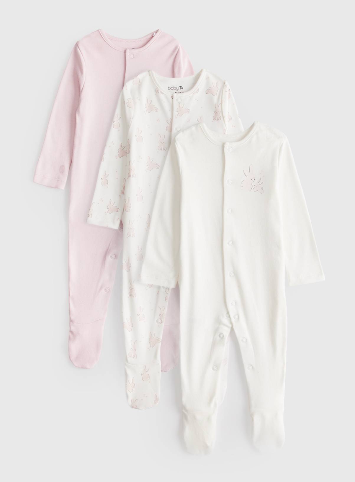 Pink Bunny Printed Sleepsuits 3 Pack Up to 3 mths - Image 1