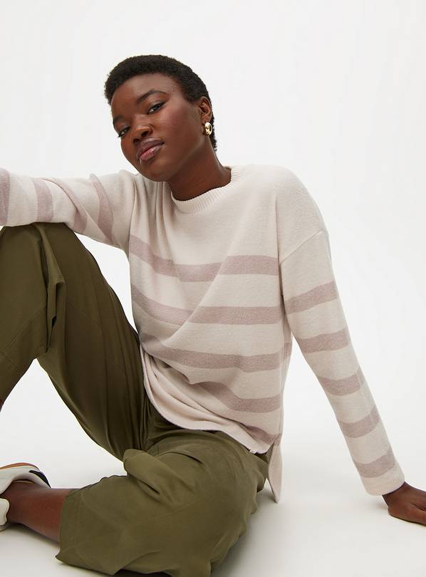 Beige Stripe Soft Touch Crew Neck Jumper L