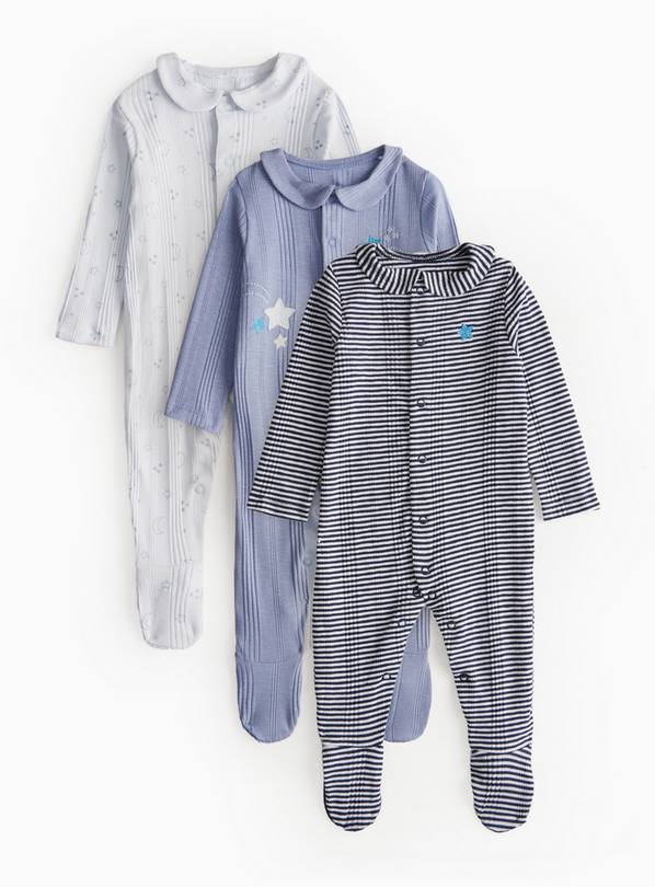 Blue Star  Striped Collar Sleepsuits 3 Pack 6-9 months