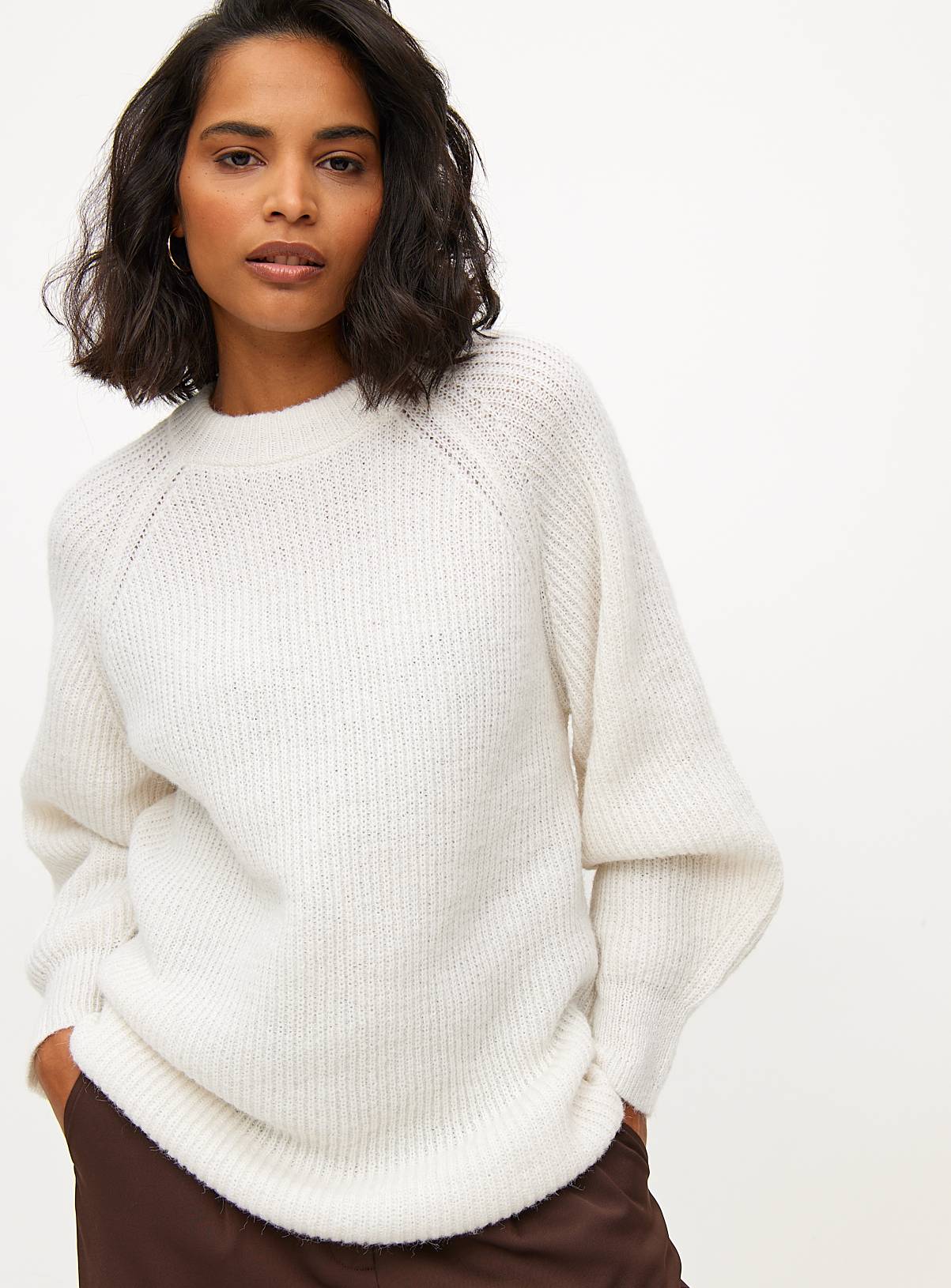 Cream Raglan Relaxed Crew Neck Knitted Jumper M - Image 1