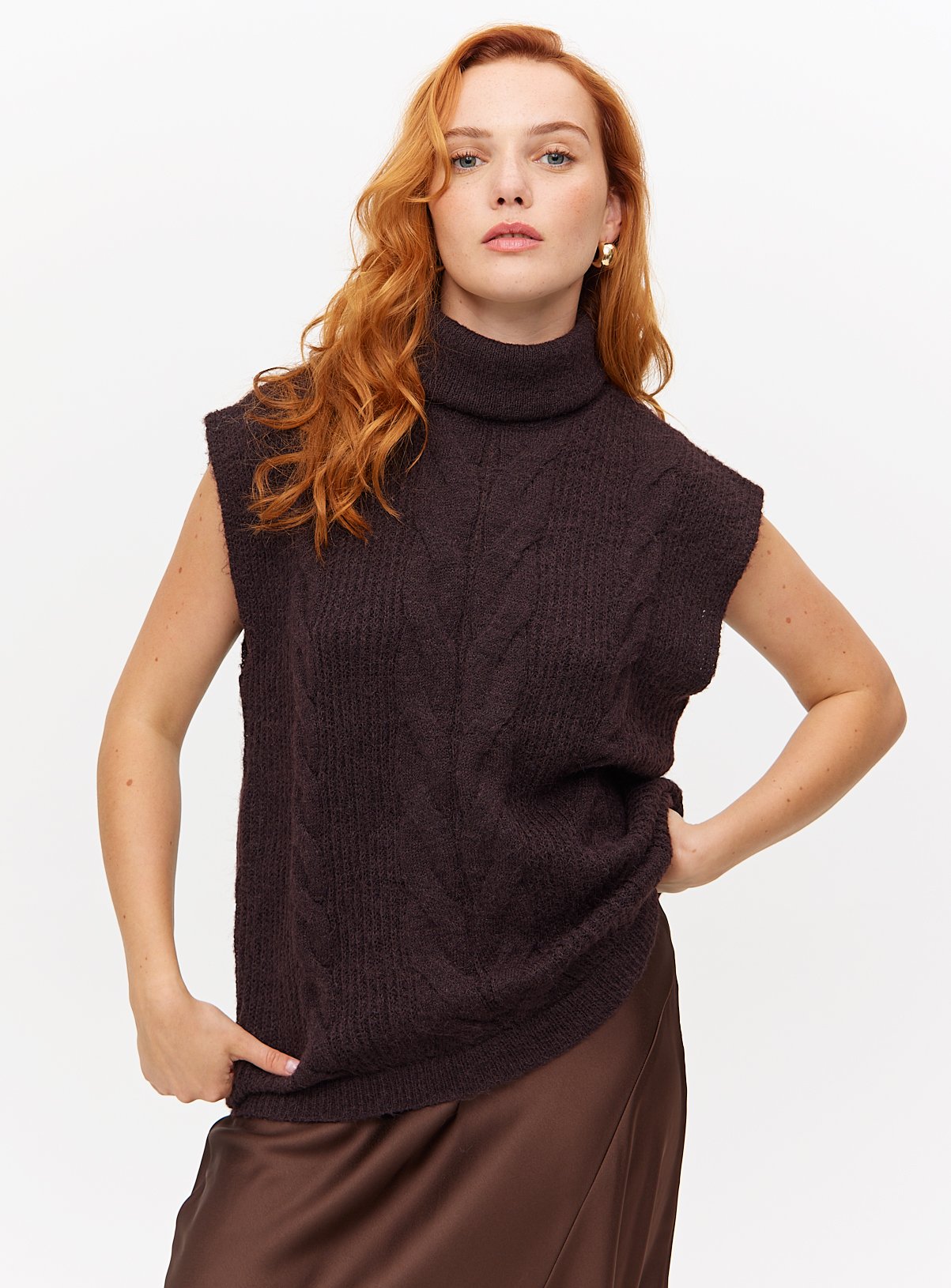 Brown Roll Neck Cable Knitted Tank 20 - Image 1 thumbnail
