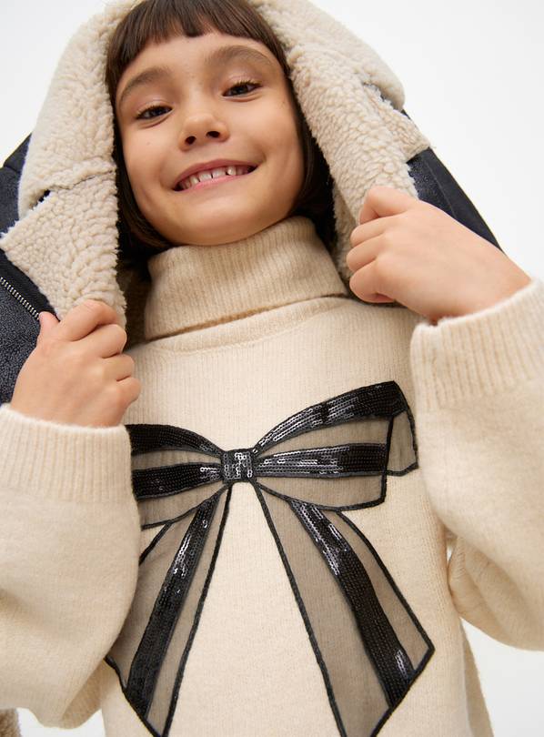 Cream Bow Detail Roll Neck Knitted Jumper 9 years