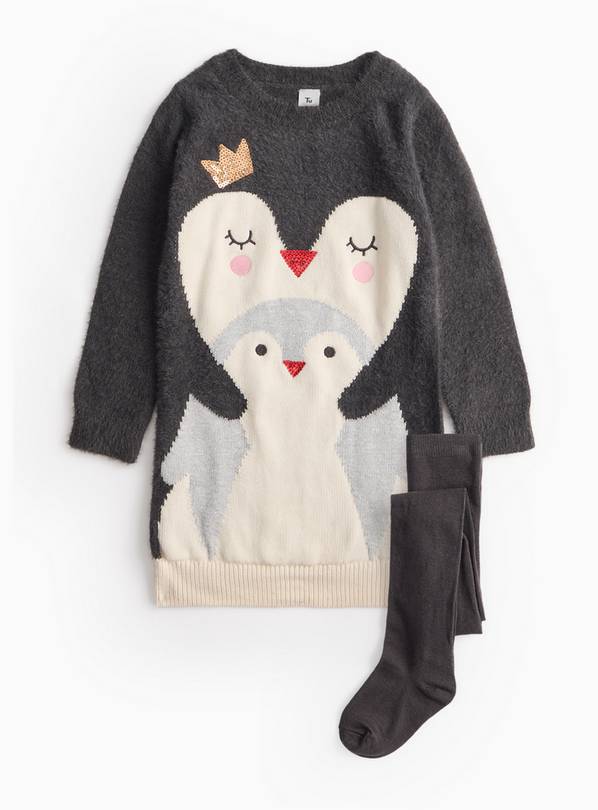 Charcoal Christmas Penguin Jumper Dress & Tights Set 2-3 years