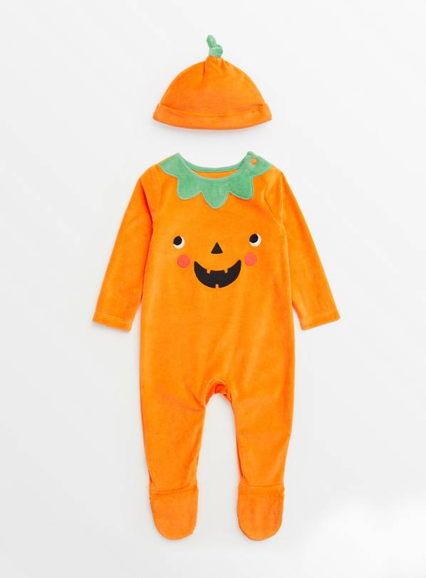 Halloween Pumpkin Velour Sleepsuit & Hat Set Up to 3 mths