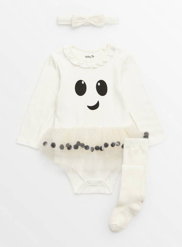  Halloween Ghost Tutu Bodysuit, Headband & Tights Set Up to 1 mth