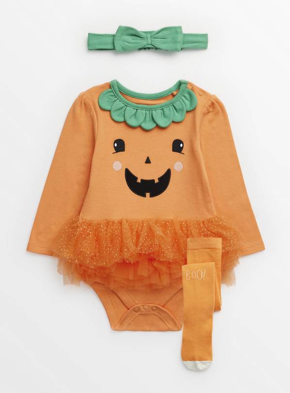 Halloween Pumpkin Tutu Bodysuit, Headband & Tights Set Up to 3 mths