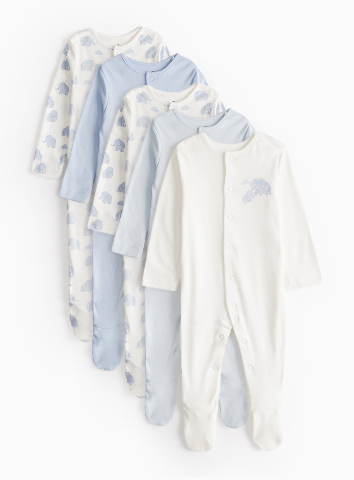 Blue Blue Elephant Print Long Sleeve Sleepsuits 5 Pack (6-9 Months) - Tu by Sainsbury's