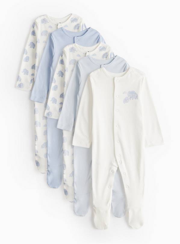 Blue Elephant Print Long Sleeve Sleepsuits 5 Pack Tiny Baby