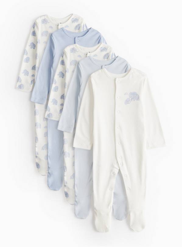 Blue Elephant Print Long Sleeve Sleepsuits 5 Pack Tiny Baby