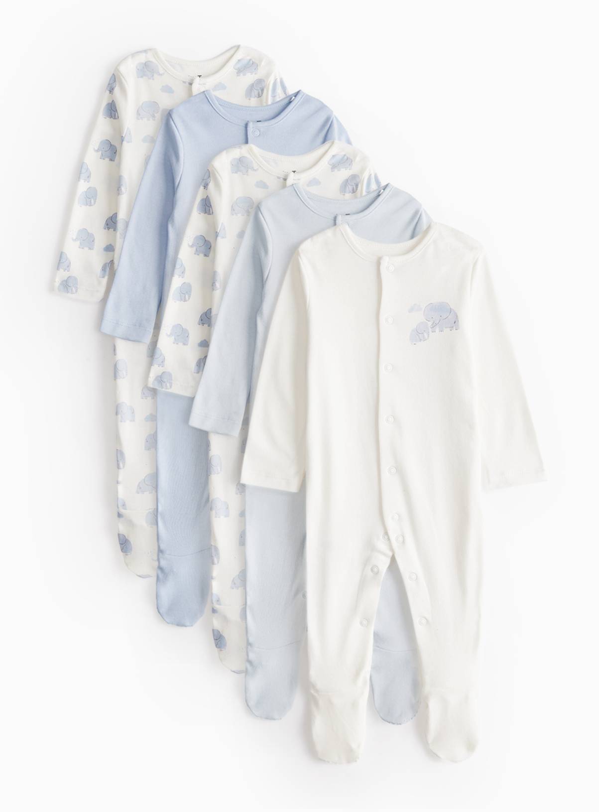 Blue Elephant Print Long Sleeve Sleepsuits 5 Pack Up to 3 mths - Image 1
