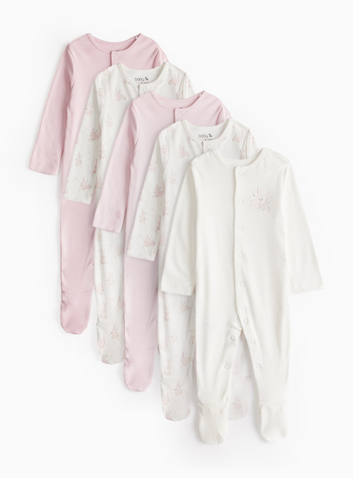 Pink Bunny Print Long Sleeve Sleepsuits 5 Pack 12-18 months - Image 1 thumbnail