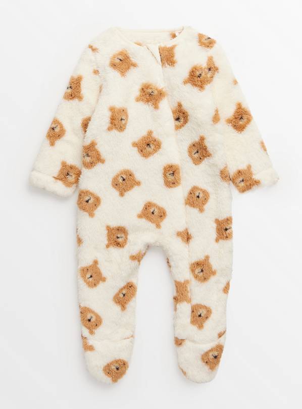 Cream Bear Print Long Sleeve Fleece Sleepsuit  3-6 months