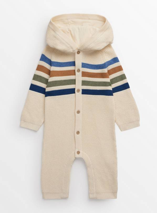 Beige Stripe Waffle Knitted Romper Up to 3 mths