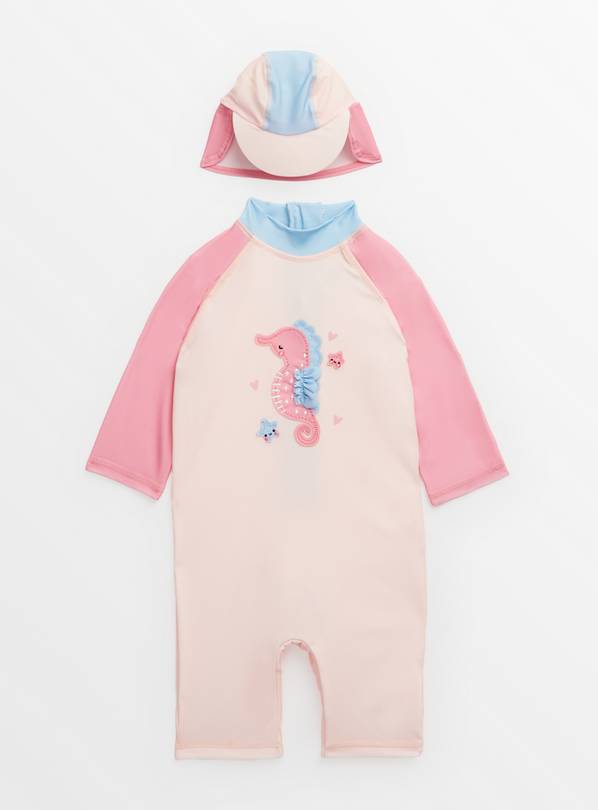 Pink Seahorse Print Sunsafe Swimsuit & Keppi Hat Set Up to 3 mths