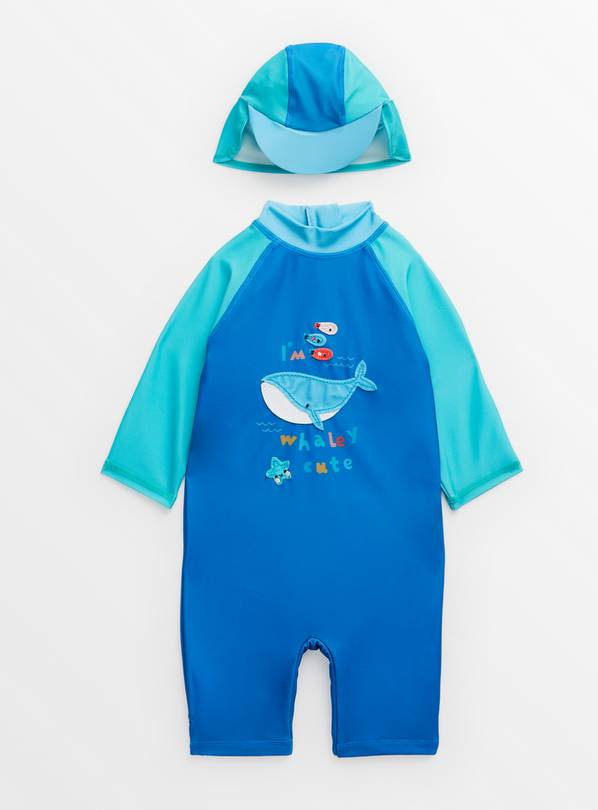 Blue Whale Print Sunsafe Swimsuit & Keppi Hat Set 9-12 months