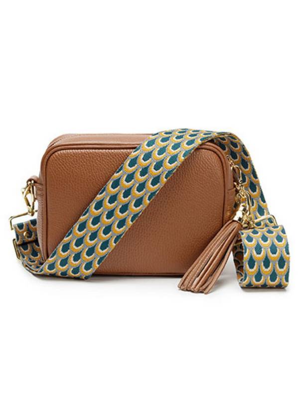 ELIE BEAUMONT Dark Tan Crossbody With Teal Peacock Strap One Size