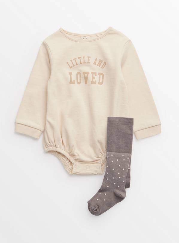 Beige Little & Loved Print Sweatshirt Bodysuit & Tights Set 6-9 months