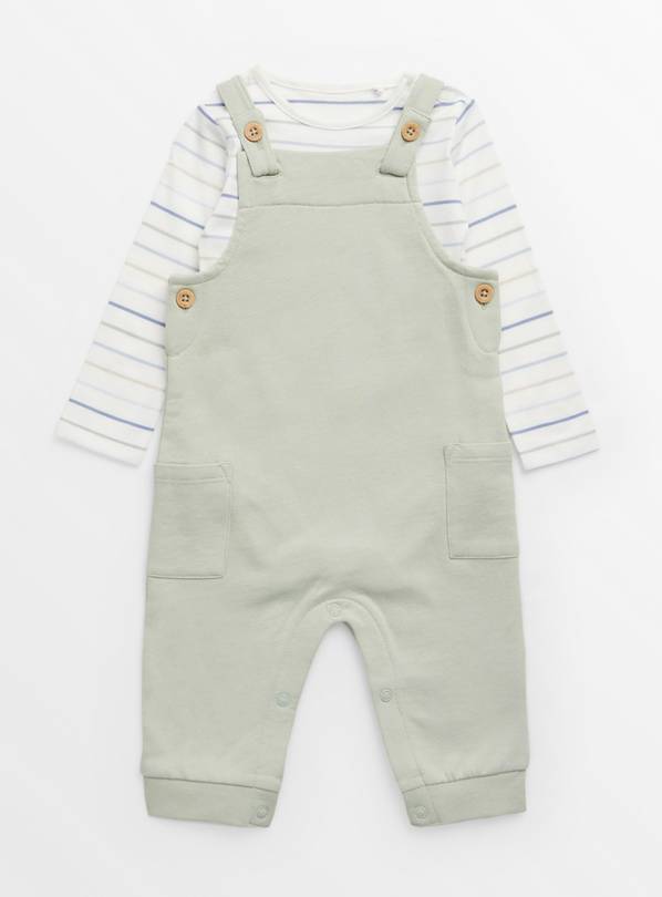White Stripe Bodysuit & Green Dungarees Set 6-9 months