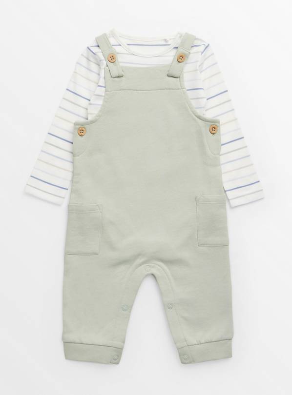 White Stripe Bodysuit & Green Dungarees Set 9-12 months