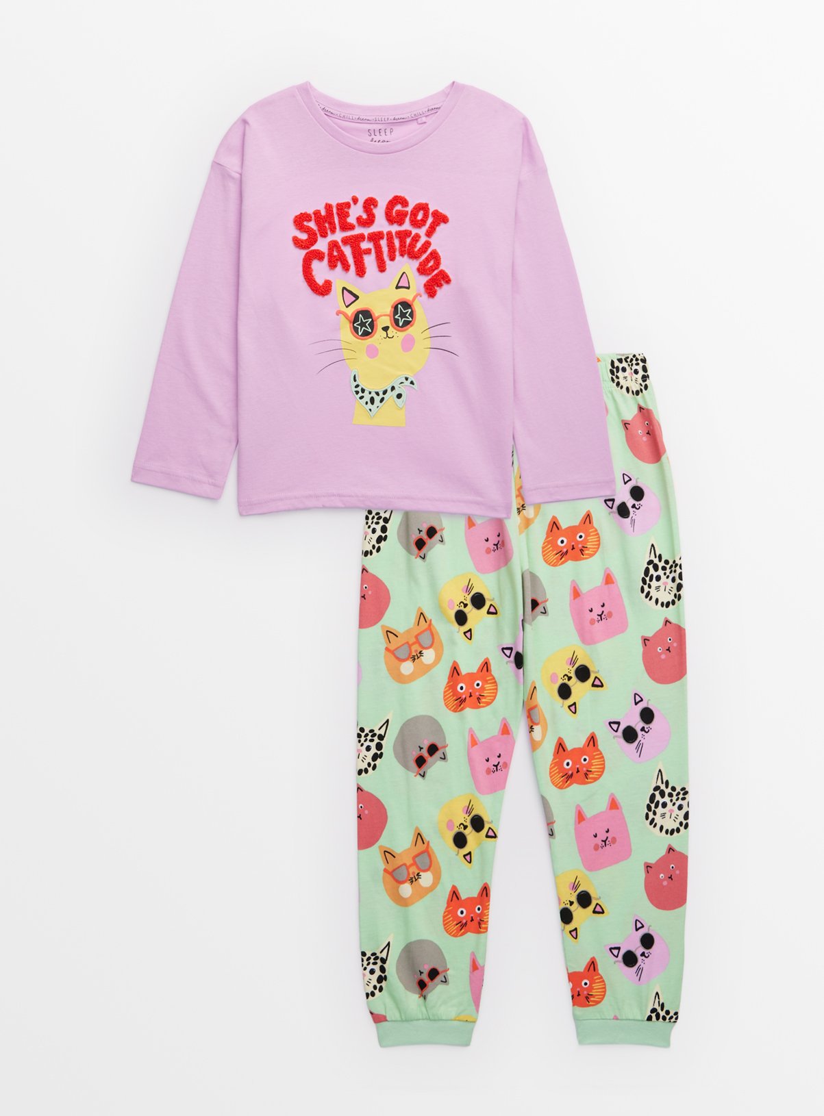 Pink Pink Catitude Slogan Long Sleeve Pyjamas - Tu by Sainsbury's